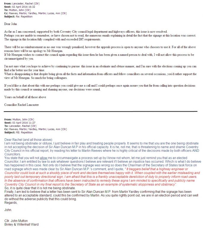The email exchange between Coun Mutton and Coun Rachel Lancaster. 